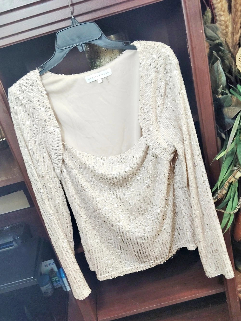 endless rose Sequin Square Neck Long Sleeve Top Cream Large